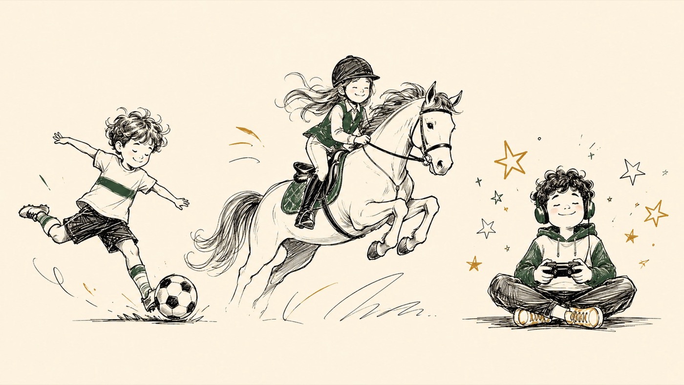 Line art of three kids: a boy kicking a soccer ball, a girl jumping a horse, and a kid playing a video game surrounded by stars